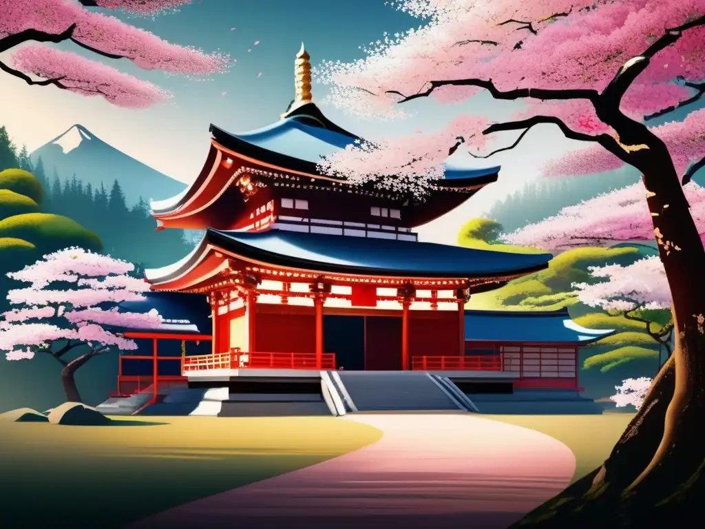 Un antiguo templo japonés rodeado de un exuberante bosque, con monjes guerreros practicando artes marciales