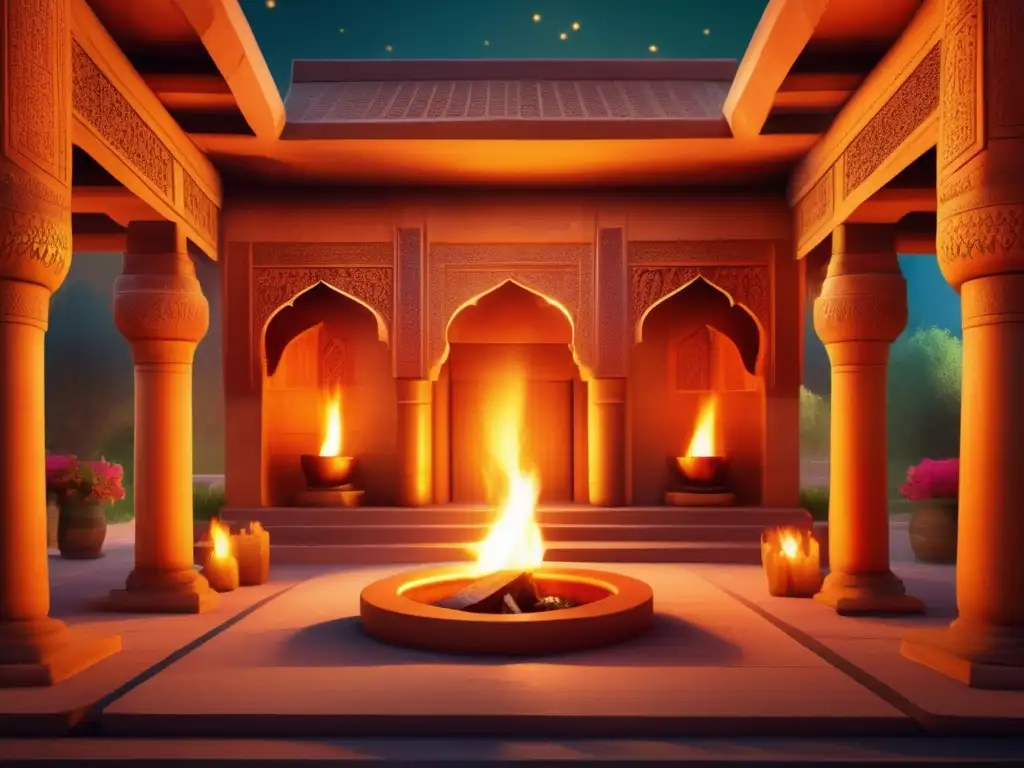 Un antiguo templo persa con intrincadas tallas en las paredes y pilares, iluminado por la cálida luz de la llama eterna en el centro