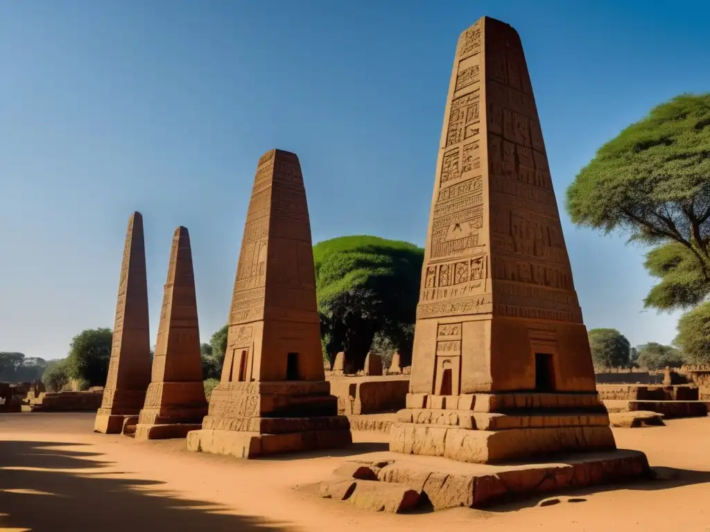 Los antiguos obeliscos de Aksum se alzan en medio de exuberante vegetación y ruinas arqueológicas, mostrando la rica historia del Reino de Aksum