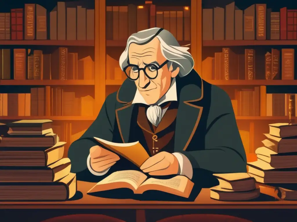 Jacob Grimm estudia antiguos textos germánicos en su estudio iluminado por velas