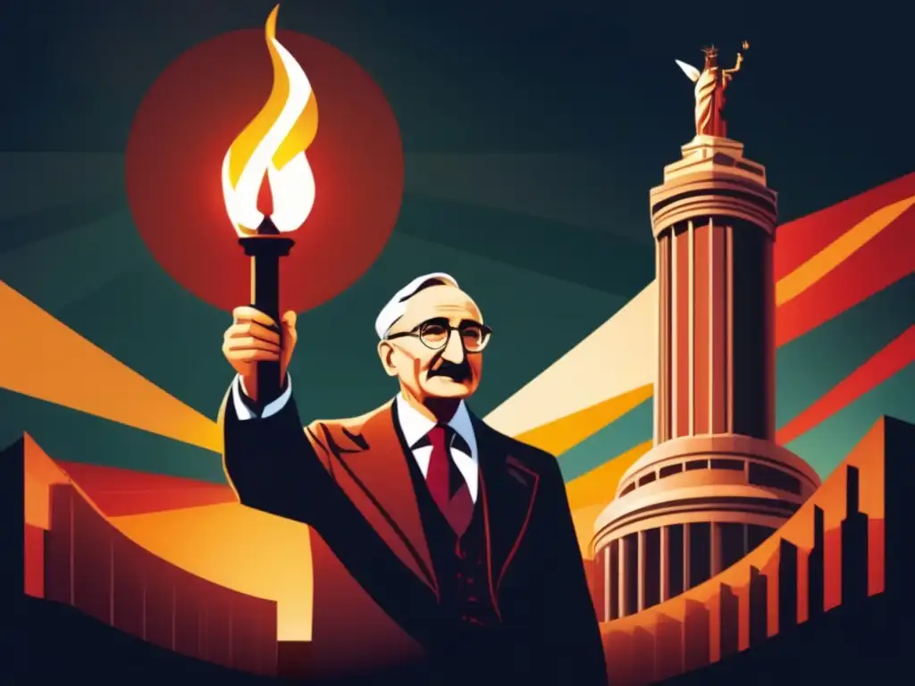 En la ilustración, Friedrich Hayek sostiene una antorcha de libertad frente a la imponente figura del totalitarismo económico