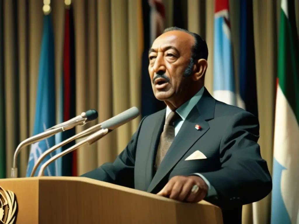 Anwar el Sadat visionario de paz en Oriente Medio, entregando un discurso en la ONU, rodeado de banderas internacionales