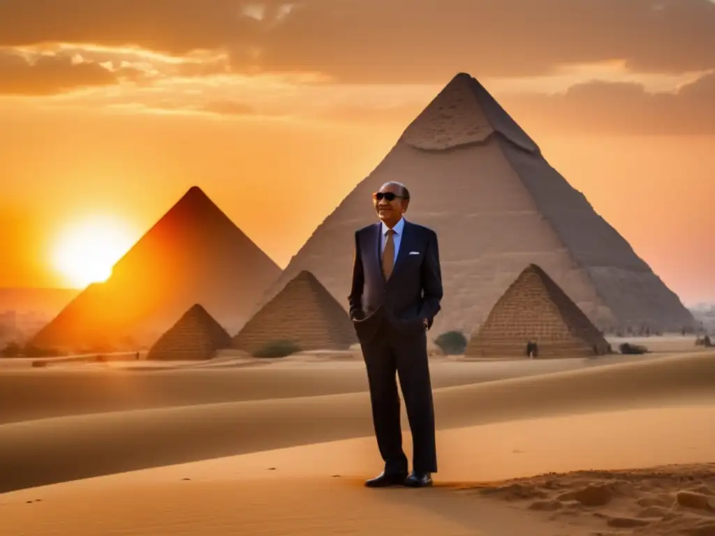 Anwar el Sadat, visionario de paz en Oriente Medio, se destaca frente a las Pirámides de Giza al atardecer, irradiando determinación y esperanza