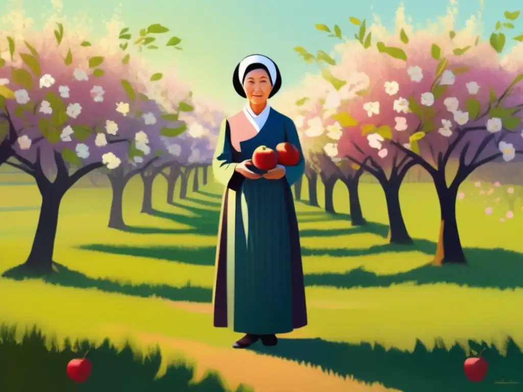 Serenidad en el huerto: Madre Ann Lee y sus seguidores Shaker En un apacible huerto soleado, Madre Ann Lee irradia sabiduría espiritual, rodeada de seguidores Shaker