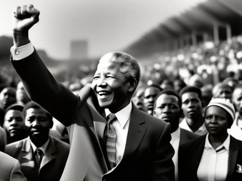 Nelson Mandela lucha contra apartheid: imagen en blanco y negro con Mandela y seguidores levantando puños en un gesto de determinación y unidad