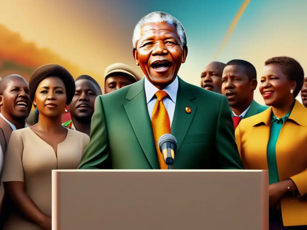 Nelson Mandela lucha contra apartheid: Imagen impactante de Mandela dando un discurso, rodeado de una multitud diversa y solidaria