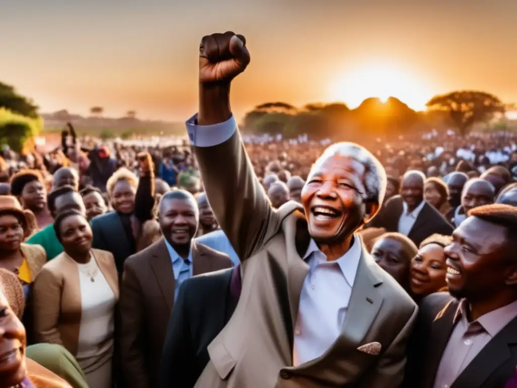 Nelson Mandela lucha contra apartheid: Imagen poderosa con Mandela y sus seguidores, unidos en determinación bajo el cálido atardecer