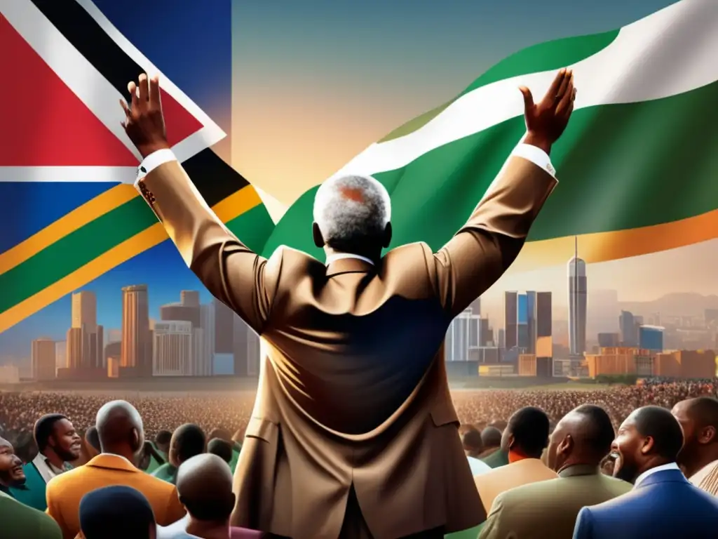 Nelson Mandela lucha por el apartheid, reconciliación y unidad en un discurso apasionado, rodeado de seguidores y la bandera sudafricana