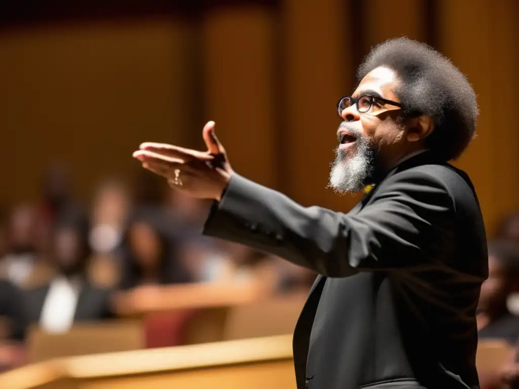 Cornel West imparte apasionada conferencia sobre Filosofía de la Liberación en un auditorio universitario lleno de estudiantes comprometidos