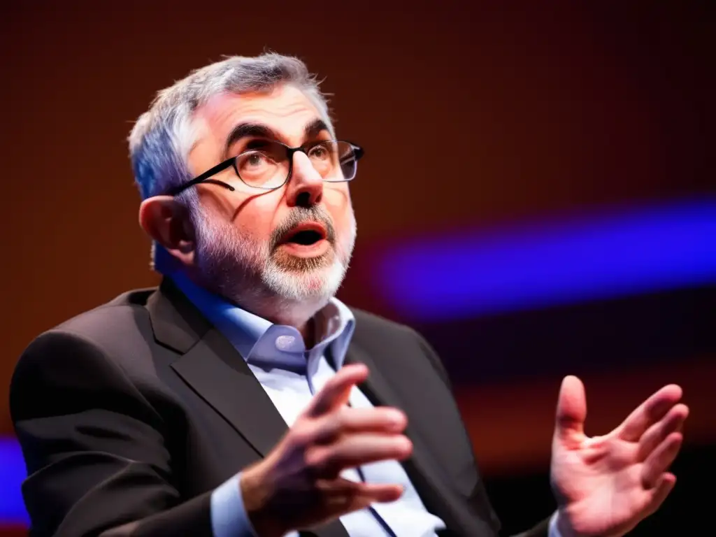 Paul Krugman premio Nobel da una apasionada charla en un foro económico, con un fondo moderno y vibrante