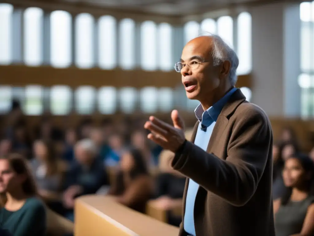 Peter Singer imparte una apasionada conferencia sobre ética animal en una universidad, rodeado de estudiantes y académicos