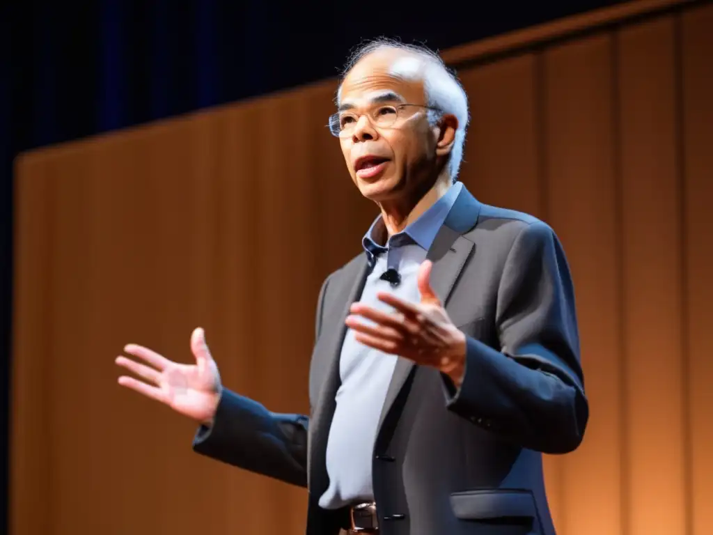 Peter Singer imparte una apasionada conferencia sobre ética animal en una universidad, con un público comprometido en un entorno moderno y profesional