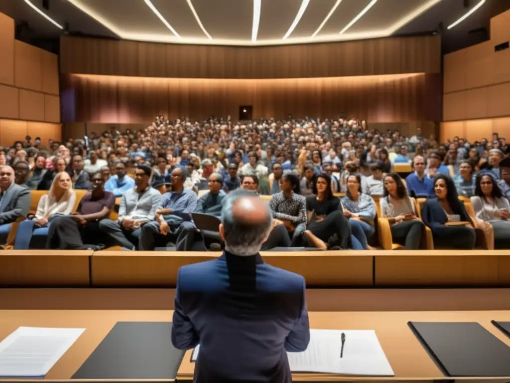 Enrique Dussel imparte apasionada conferencia sobre ética y política en un auditorio moderno y espacioso