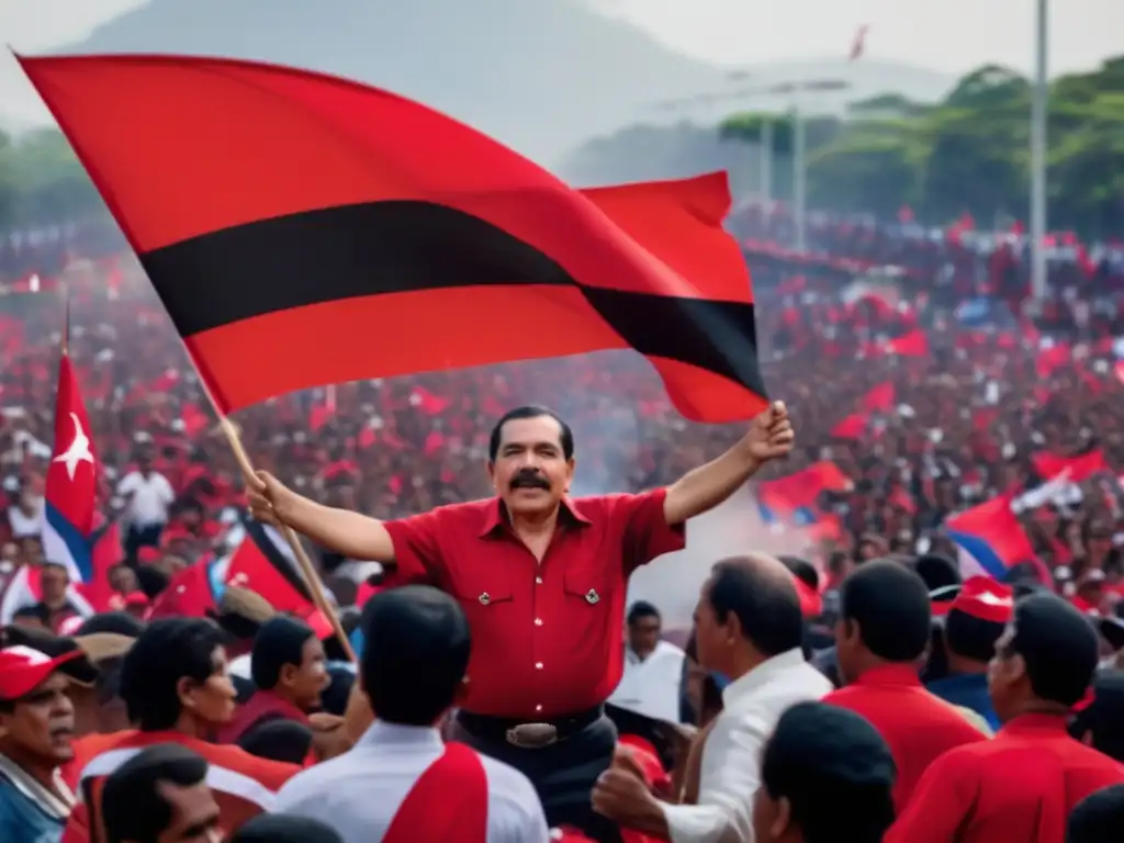 Daniel Ortega lidera apasionada manifestación de seguidores, con colores vibrantes y consignas revolucionarias