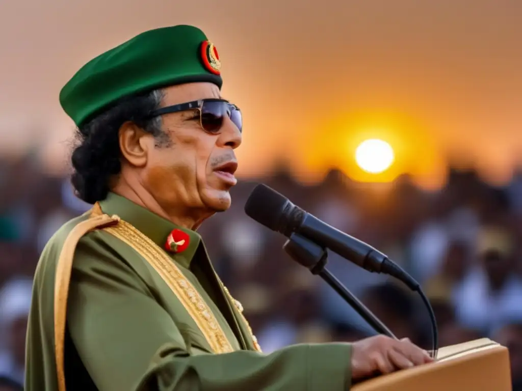 Muammar Gaddafi pronuncia un apasionado discurso al atardecer, rodeado de seguidores diversos
