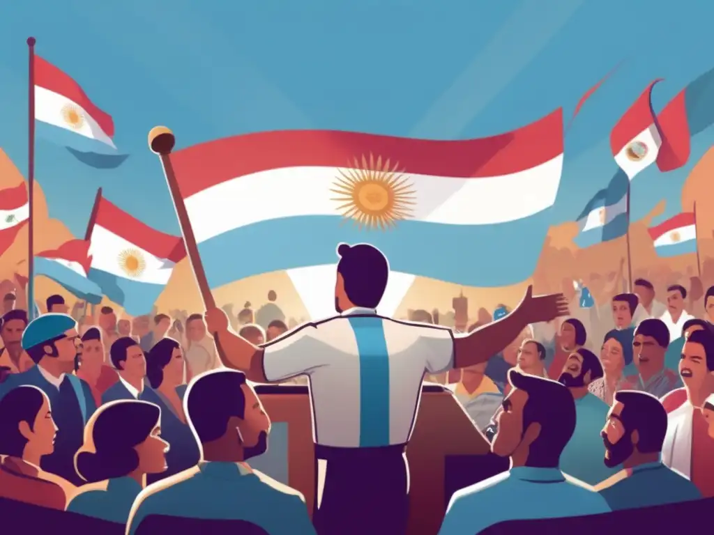 Arturo Frondizi lidera apasionado discurso, mientras la bandera argentina ondea