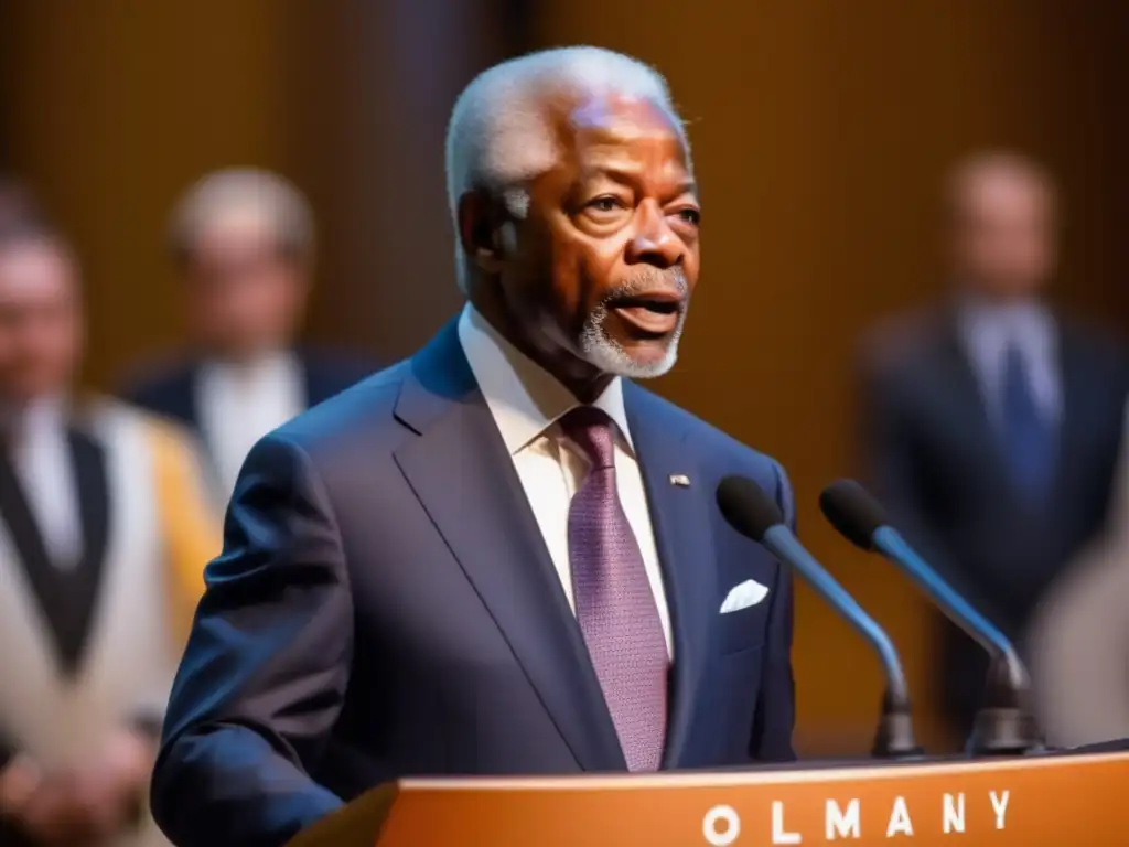 Kofi Annan pronuncia un apasionado discurso en una conferencia internacional, transmitiendo sabiduría y determinación