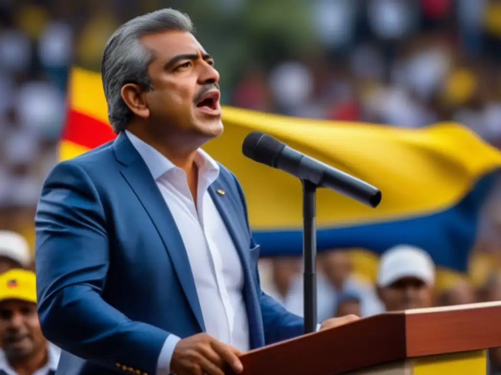 Alfonso López Michelsen entrega un apasionado discurso frente a una multitud, la bandera colombiana ondea detrás
