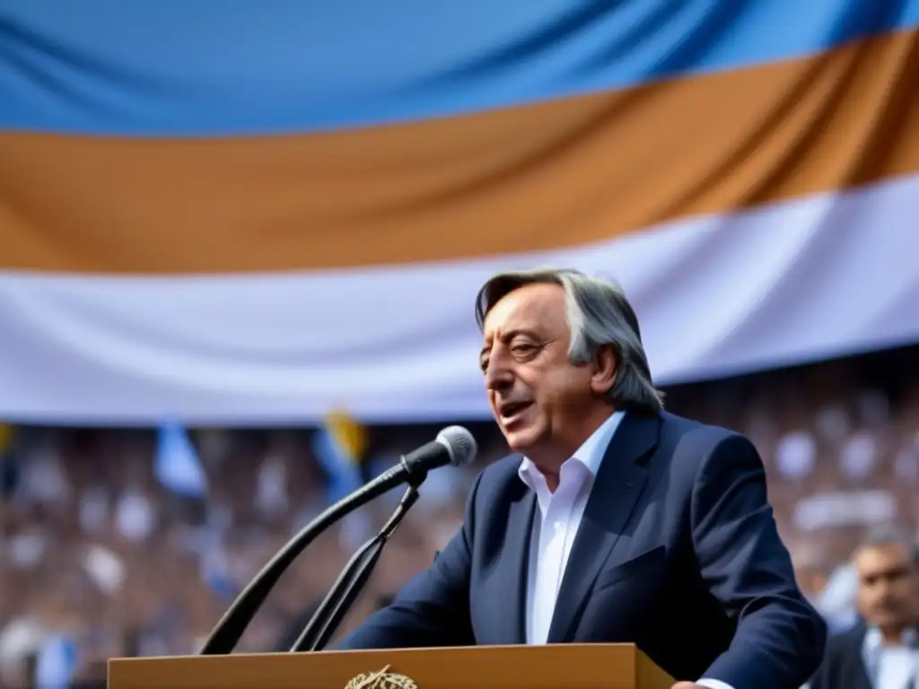 Néstor Kirchner entrega un apasionado discurso frente a una multitud, con la bandera argentina ondeando detrás