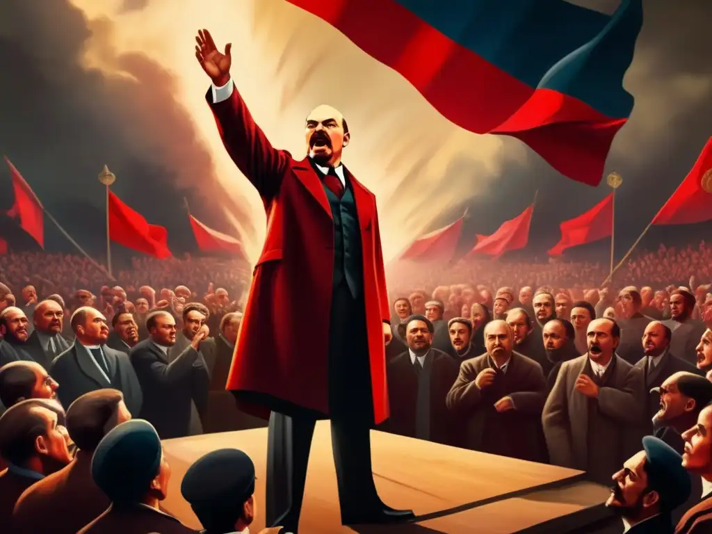Vladimir Lenin pronuncia un apasionado discurso, capturando la intensa atmósfera de la Revolución Rusa y su impacto durante la Primera Guerra