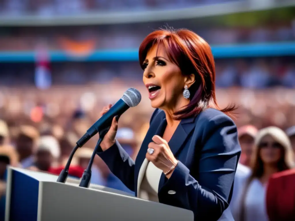 Cristina Fernández de Kirchner lidera un apasionado discurso en un mitin político, rodeada de seguidores entusiastas
