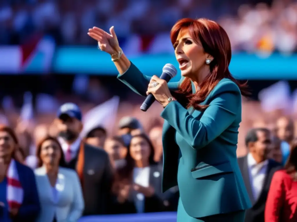 Cristina Fernández de Kirchner lidera un apasionado discurso en un mitin político, rodeada de seguidores diversos y entusiastas