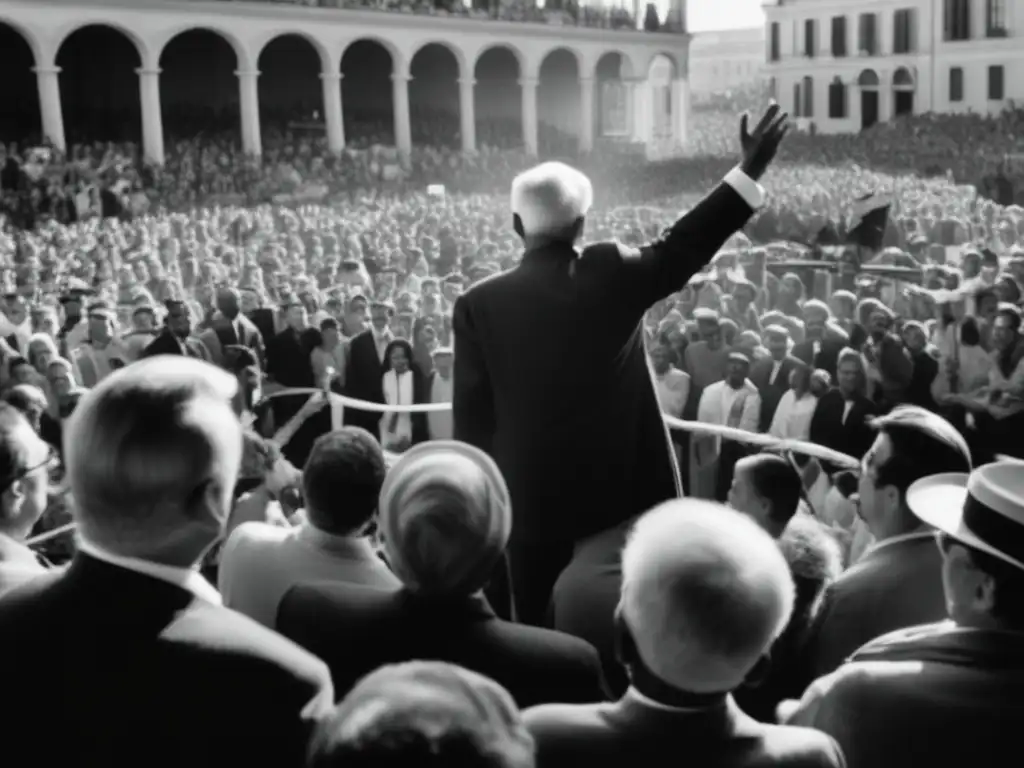 Ernesto Laclau pronunciando un apasionado discurso en un mitin político, rodeado de una multitud diversa