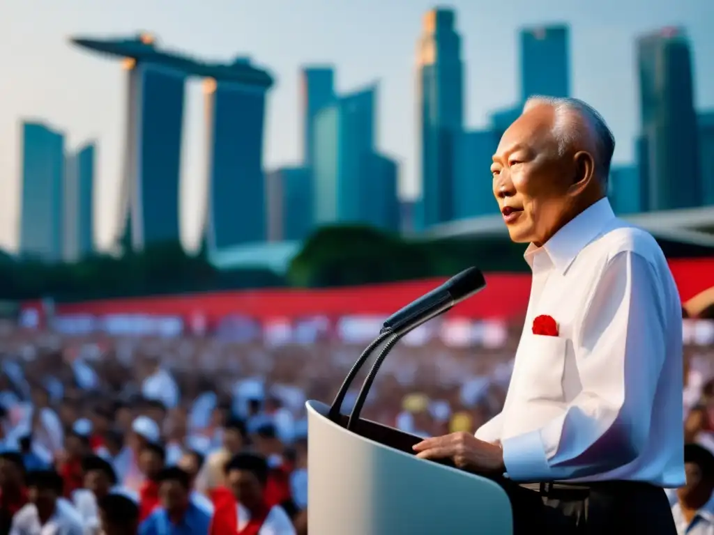 Lee Kuan Yew pronuncia un apasionado discurso en un mitin político, con el impresionante horizonte moderno de Singapur de fondo
