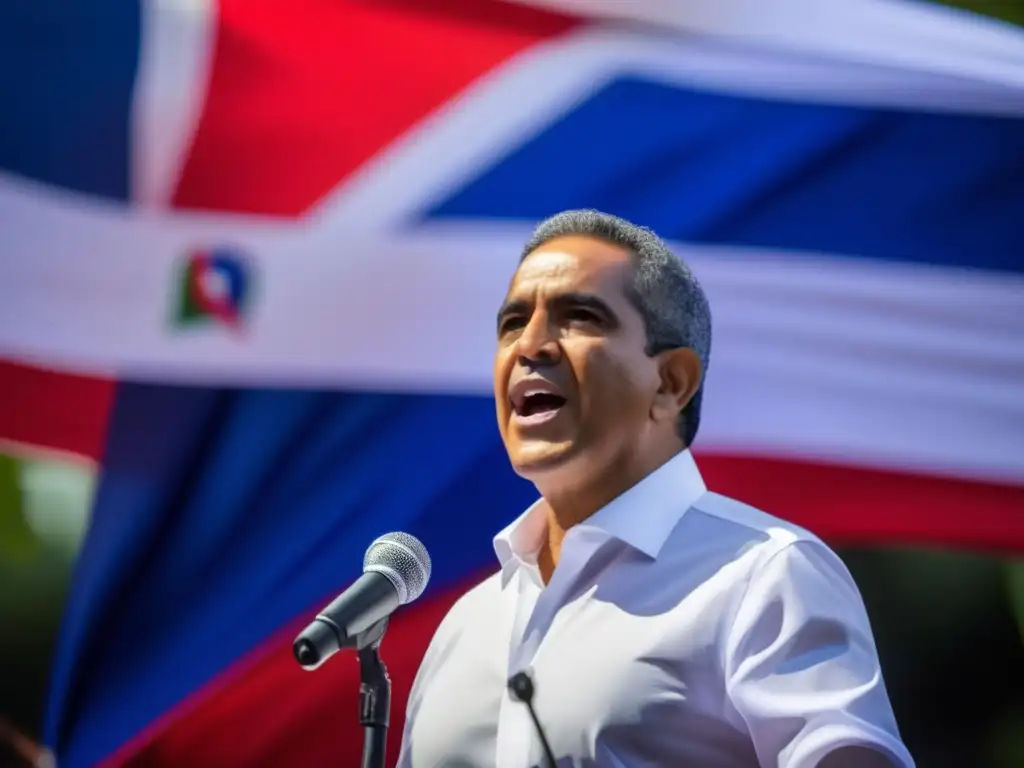Leonel Fernández dirige un apasionado discurso en un mitin político, con la bandera dominicana ondeando detrás
