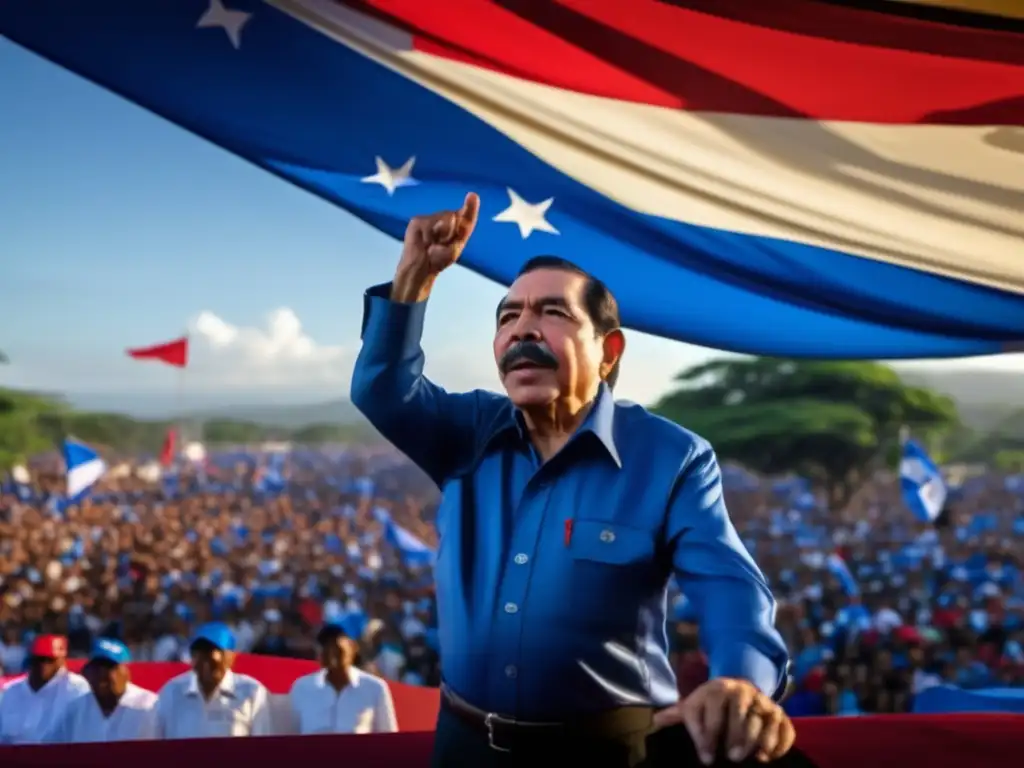Daniel Ortega pronuncia un apasionado discurso ante una multitud en Nicaragua, con la bandera del país ondeando detrás de él