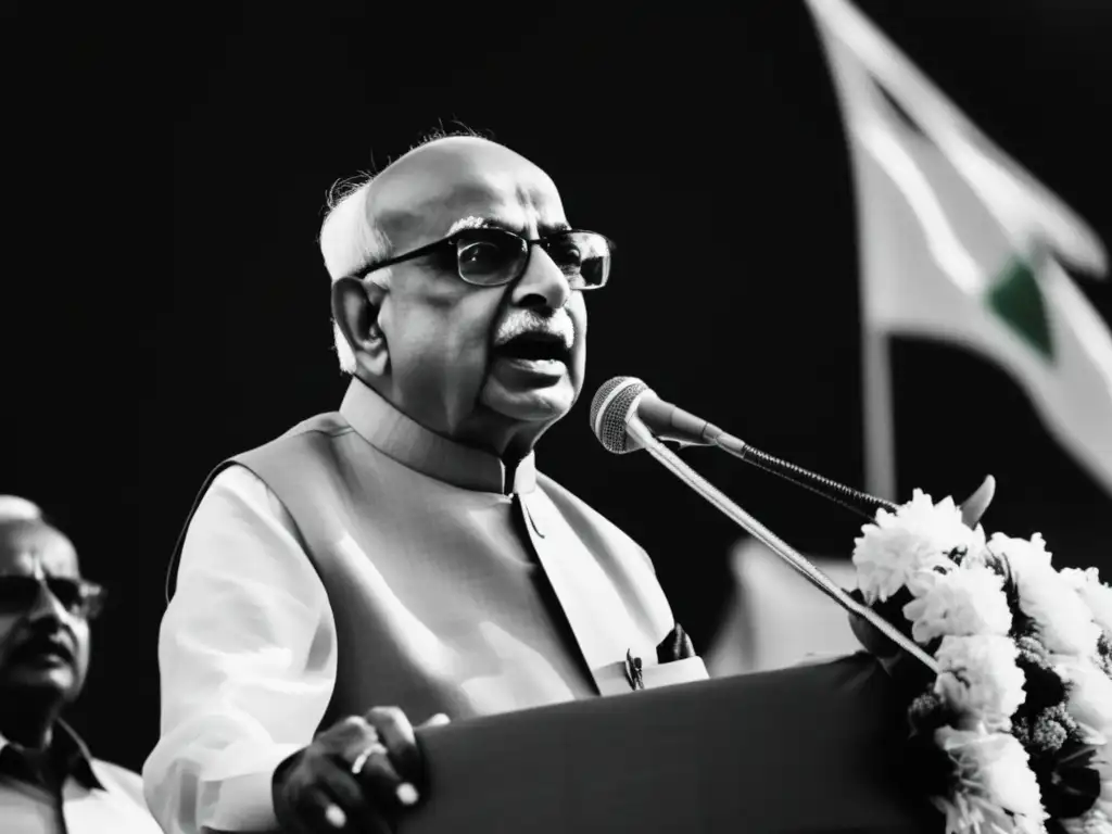 Lal Krishna Advani pronuncia un apasionado discurso ante una multitud, con la bandera nacional de la India en el fondo