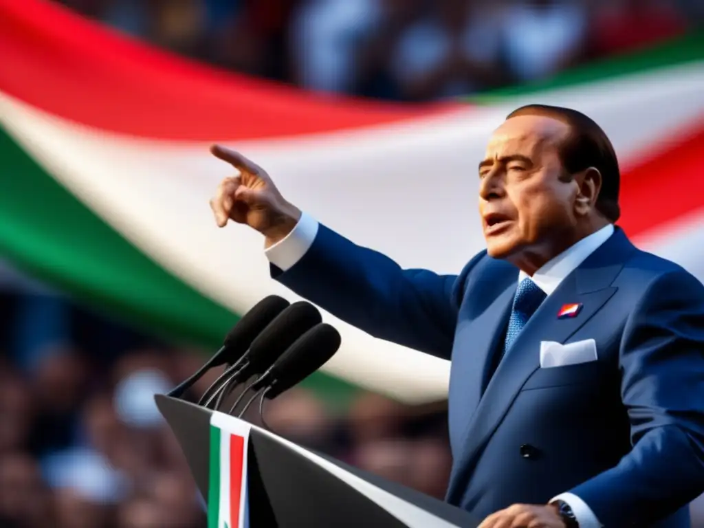 Silvio Berlusconi pronunciando un apasionado discurso ante una multitud, con la bandera italiana ondeando al fondo