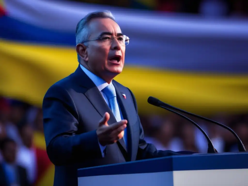 Álvaro Uribe brinda un apasionado discurso ante una multitud, con la bandera colombiana ondeando al fondo