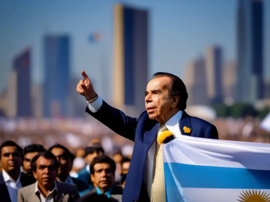 Carlos Menem pronuncia un apasionado discurso ante una multitud, con la bandera argentina ondeando en el fondo