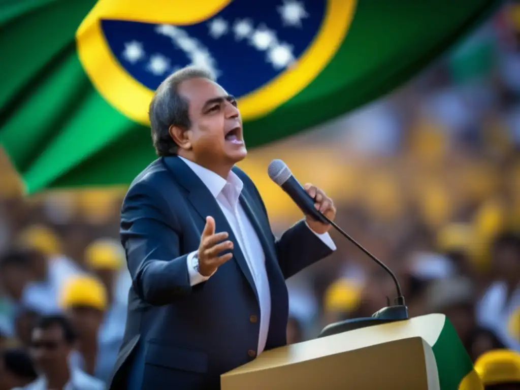 Leonel Brizola entregando un apasionado discurso a una multitud con la bandera brasileña de fondo, destacando su legado político en Brasil
