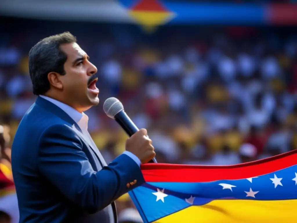 Rafael Caldera entrega un apasionado discurso a la multitud, con la bandera de Venezuela en el fondo