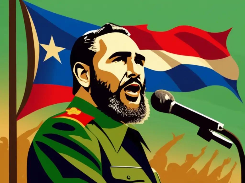 Fidel Castro pronuncia un apasionado discurso ante una multitud, la bandera cubana ondeando en el fondo