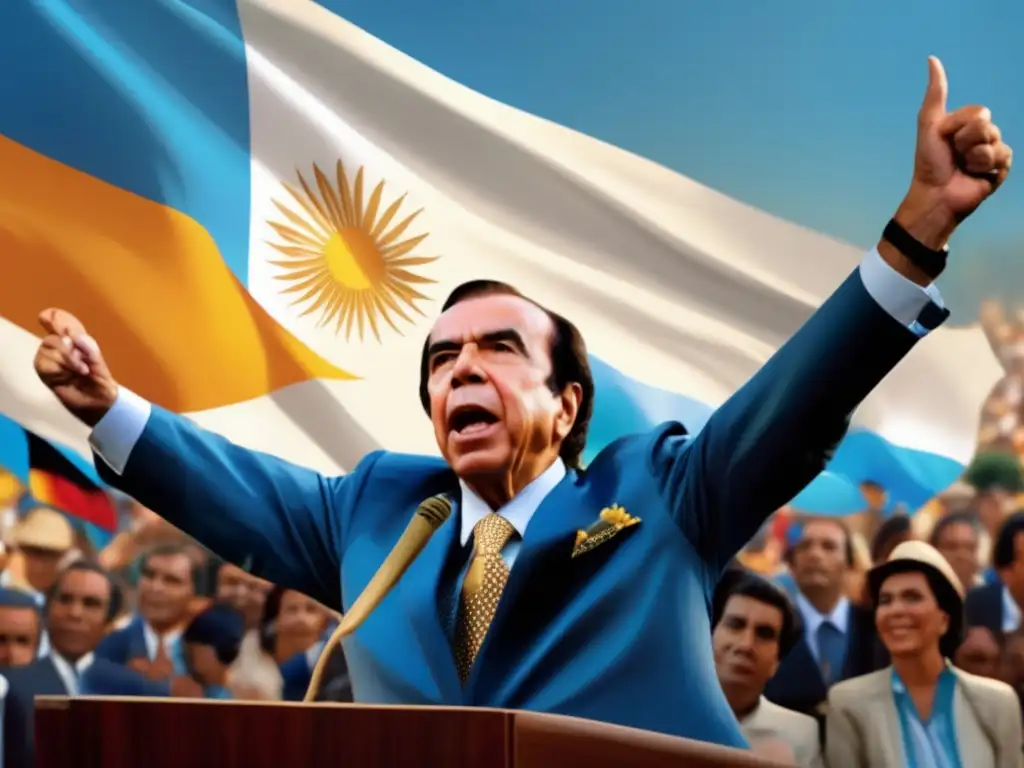 Carlos Menem pronuncia un apasionado discurso ante una multitud, con la bandera argentina ondeando al fondo