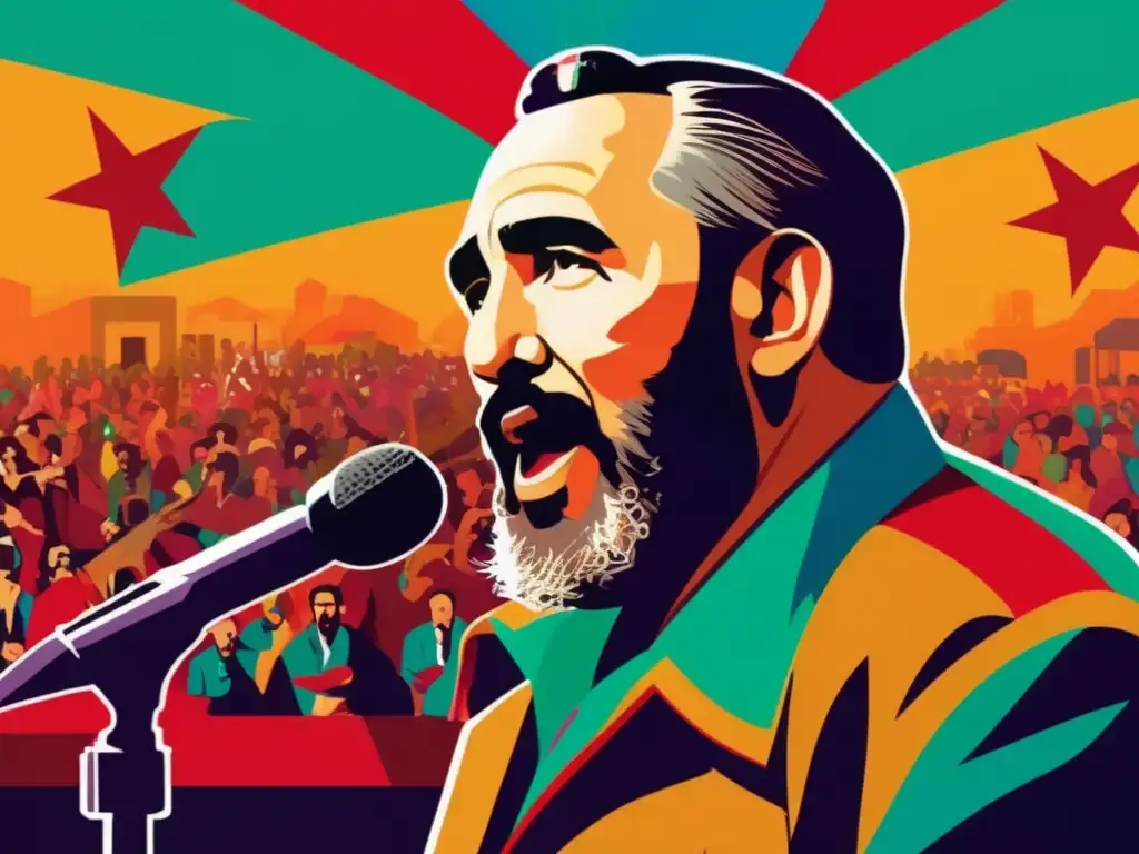 Fidel Castro pronunciando un apasionado discurso ante una multitud, con colores vibrantes y composición dinámica