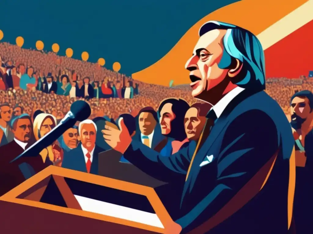 Néstor Kirchner pronuncia un apasionado discurso ante una multitud diversa, reflejando su legado político en Argentina