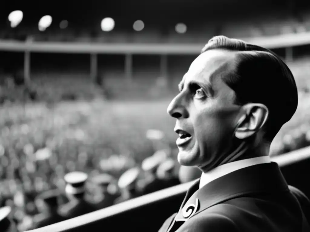 Joseph Goebbels pronuncia un apasionado discurso ante una multitud en un estadio, destacando la intensidad de la propaganda nazi en Alemania