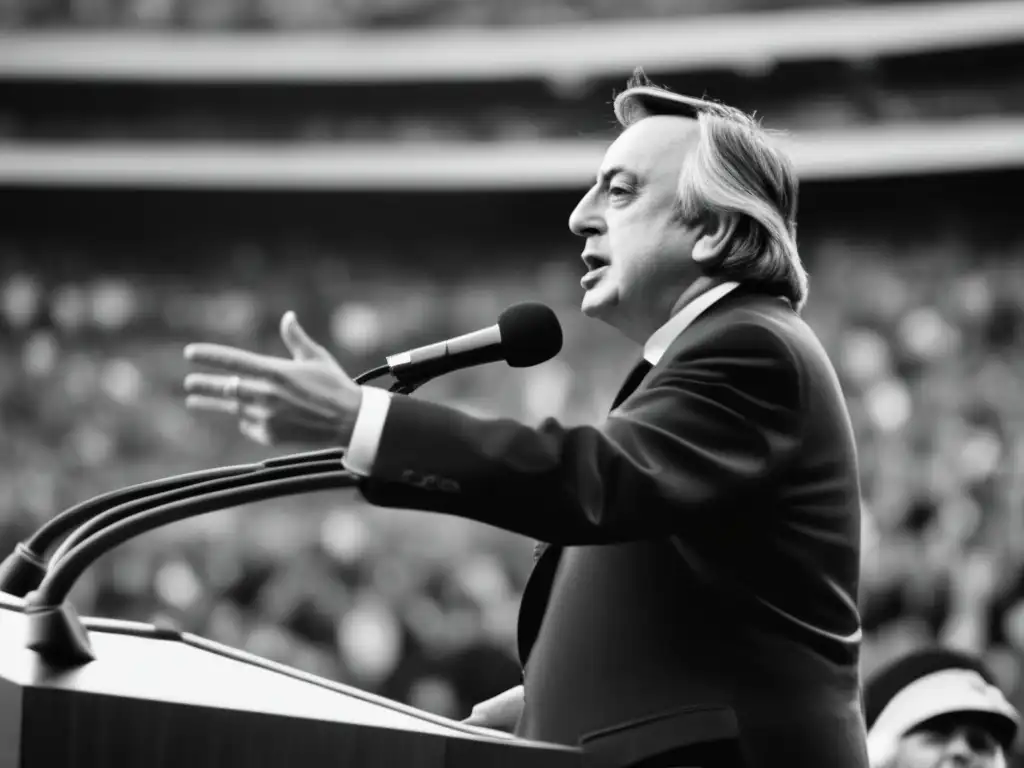 Néstor Kirchner pronunciando un apasionado discurso ante una multitud en un estadio lleno