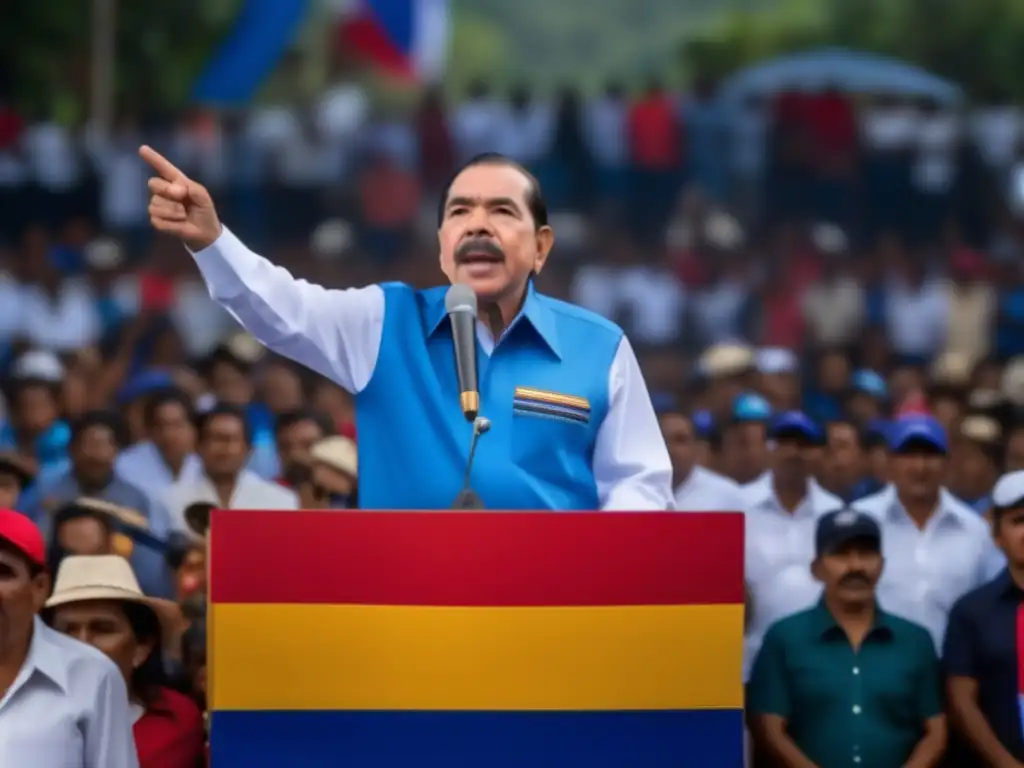 Daniel Ortega dirigendo un apasionado discurso a una multitud en un mitin político en Nicaragua