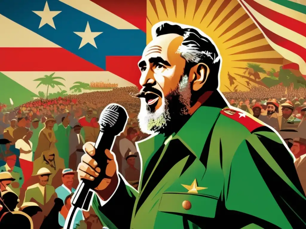 Fidel Castro pronuncia un apasionado discurso ante una multitud, rodeado de propaganda y titulares de la Guerra Fría