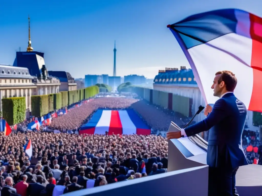 Emmanuel Macron pronuncia un apasionado discurso sobre políticas económicas, con la bandera francesa ondeando detrás