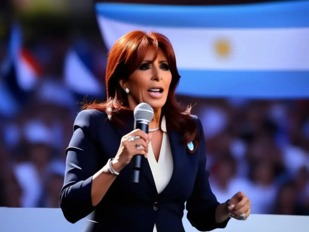 Cristina Fernández de Kirchner lidera un apasionado discurso político en un mitin, ondeando la bandera argentina