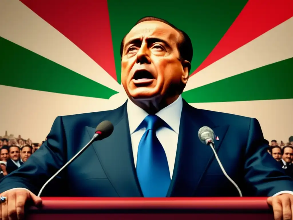 Silvio Berlusconi pronuncia un apasionado discurso político ante una multitud ondeando la bandera italiana