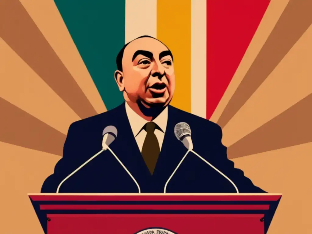 Pablo Neruda entrega un apasionado discurso político, rodeado de una audiencia diversa y comprometida