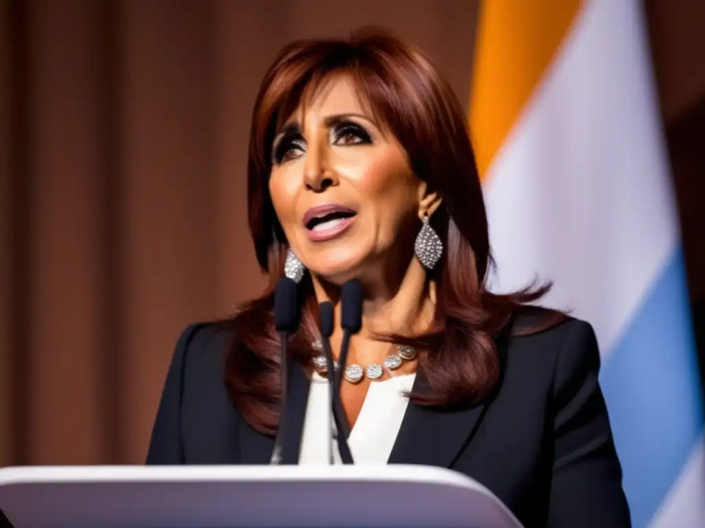 Cristina Fernández de Kirchner pronuncia un apasionado discurso, rodeada de una audiencia diversa y comprometida, en un moderno auditorio