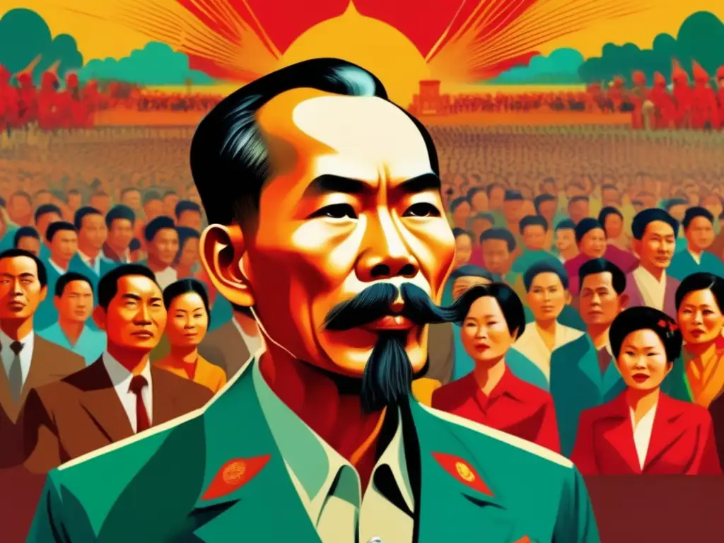 Ho Chi Minh líder guerra Vietnam dando un apasionado discurso, rodeado de gente, con determinación en sus ojos